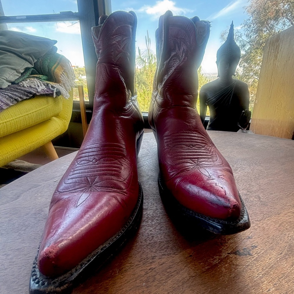 Vintage Handmade Cowboy Boots handmade in Mexico Red Sz 7B Red w/blue stitching